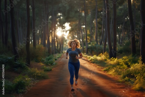 beautiful plus size woman runs outdoors in the park on a jogging track. Fitness goals for obesity