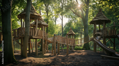 Wooden Play Structures in a Nature-Inspired Playground