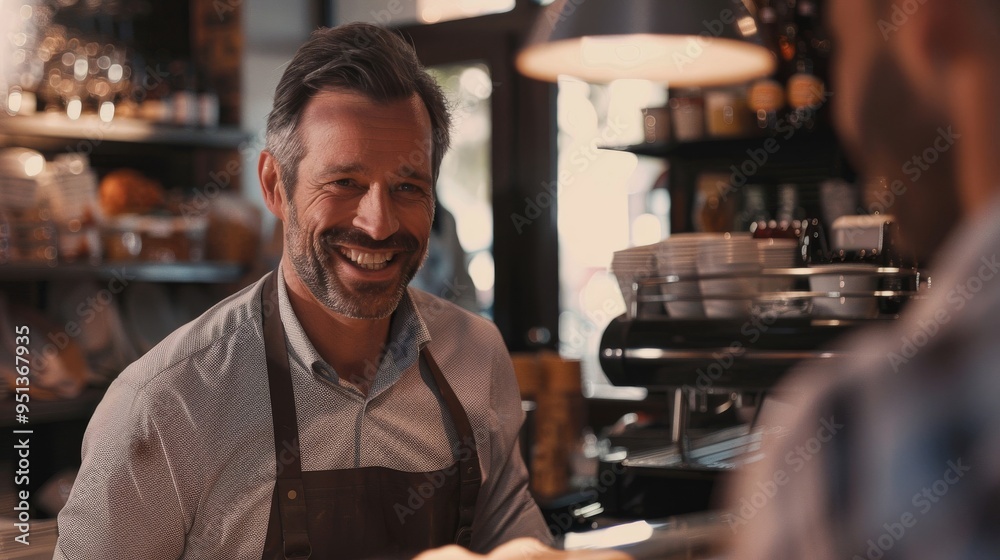 A small business owner warmly greeting customers, providing excellent service with a smile. A small business owner warmly greeting customers, providing excellent service with a smile.