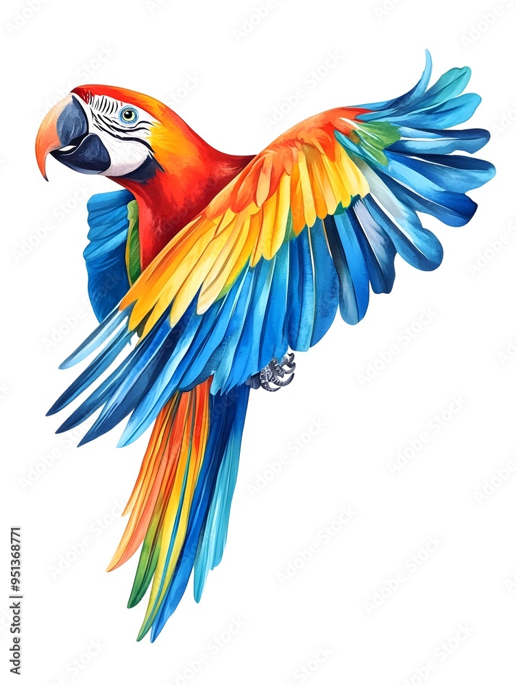 Fototapeta premium Vibrant Tropical Parrot in Flight Showcasing Diverse Landscapes and Environments