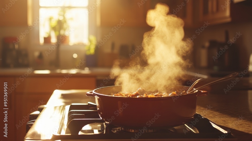 Simmering Stew on a Rustic Stovetop Simmering Stew on a Rustic Stovetop