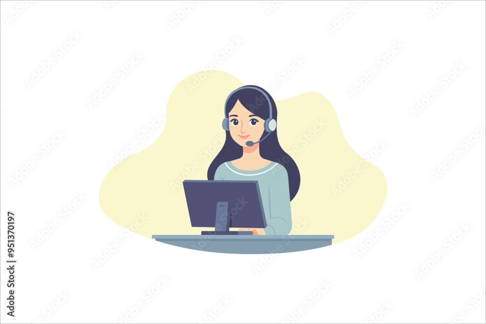 Customer service concept. woman talking in in-line video conferencing with headset with microphone and laptop in desktop office. vector, illustration Customer service concept. woman talking in in-line video conferencing with headset with microphone and laptop in desktop office. vector, illustration