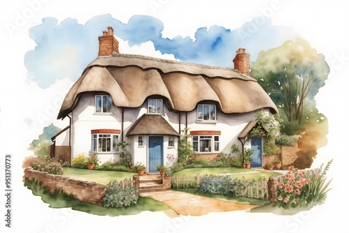 Hand drawn illustration of traditional English village house isolated on white background. Watercolor cozy house with thatched roof, plants and sky.
 photo