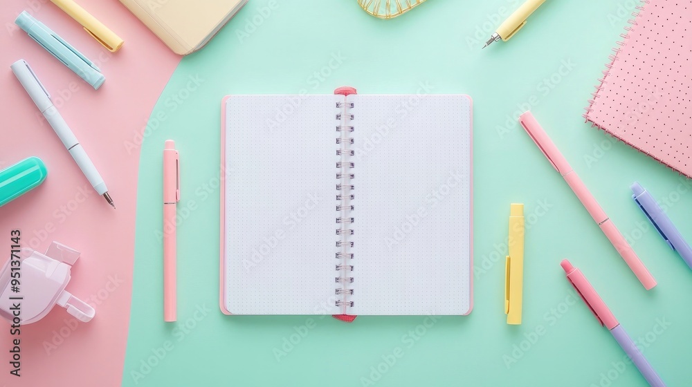 A flat lay of a notebook with dotted pages, surrounded by pens and stationery, perfect for journaling or sketching A flat lay of a notebook with dotted pages, surrounded by pens and stationery, perfect for journaling or sketching