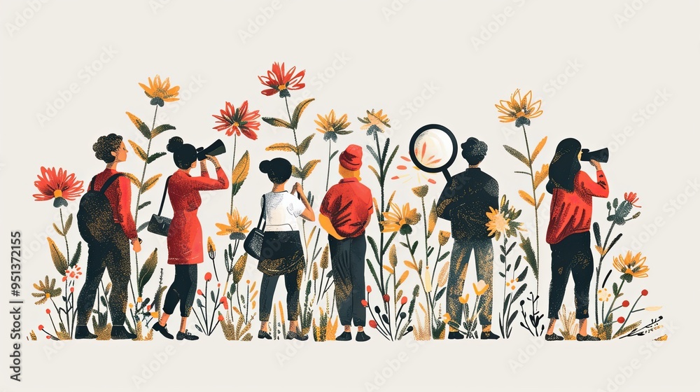 Naklejka premium Set of people with binoculars, magnifying glass on search bar with flowers. Searching, finding, web surfing, looking for opportunities concept. Hand drawn Vector illustration. Isolated design elements