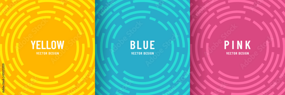 Set of abstract radial circles geometric lines patterns in yellow, blue and pink color. Modern round stipes pastel pattern with copy space. Futuristic technology concept. Simple flat design.