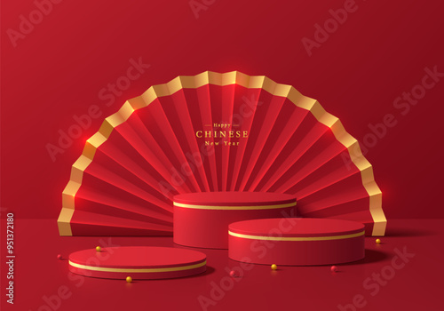 3D background gold, red round stand product podium with paper fan in chinese style backdrop. Happy chinese new year minimal scene mockup product display. Abstract geometric platform. Stage showcase.