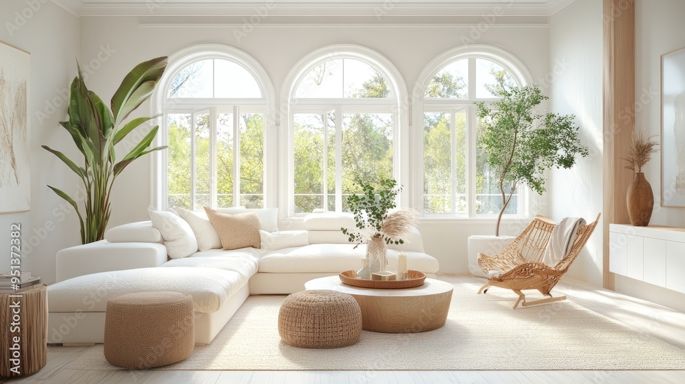 Fototapeta premium A bright, airy living room with neutral tones and cozy textures, blending modern style with comfort in a serene environment