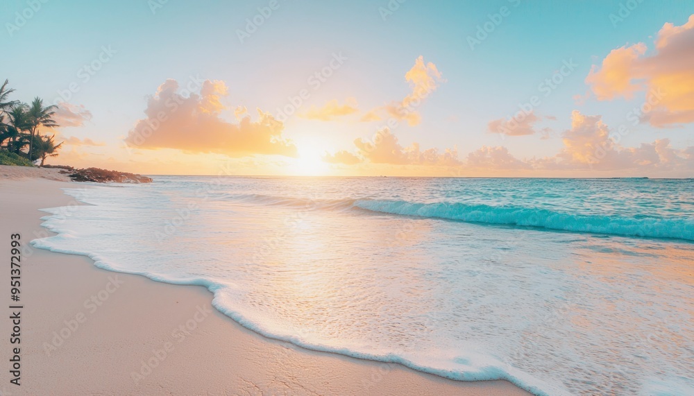Tranquil Beach Sunset with Gentle Waves and Palm Trees Tranquil Beach Sunset with Gentle Waves and Palm Trees