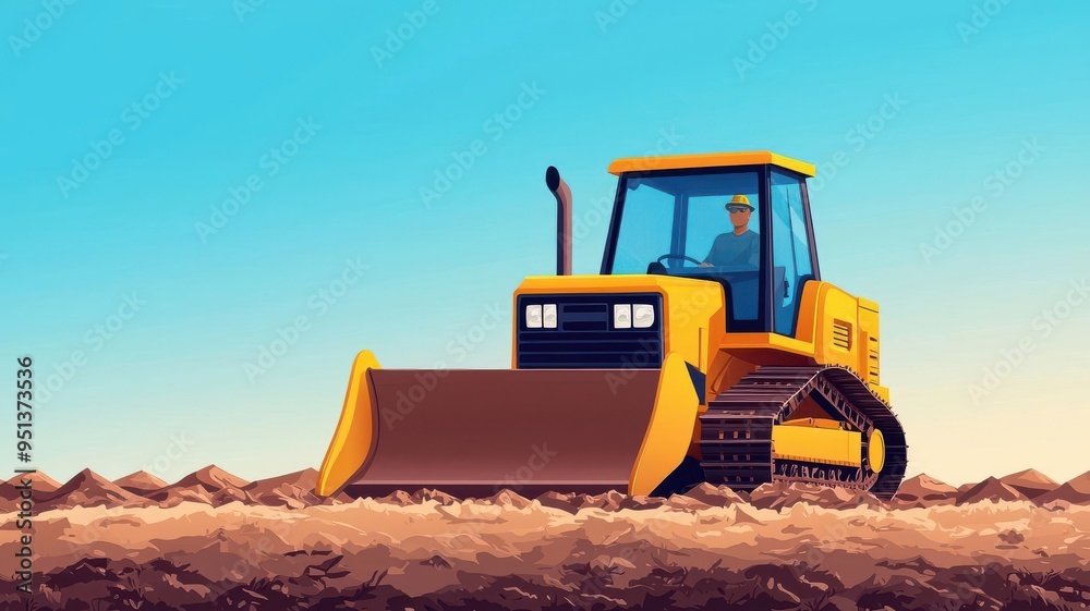 Bulldozer grading a construction site for a new development, flat vector style, earthy palette Bulldozer grading a construction site for a new development, flat vector style, earthy palette