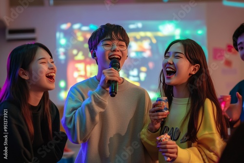 A group of male and female Japanese teens singing karaoke in the karaoke room