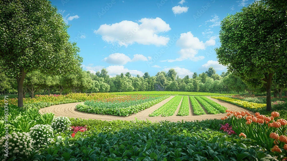 Agroforestry system combining crops and trees in a bright, lush scene with diverse plant life thriving together Agroforestry system combining crops and trees in a bright, lush scene with diverse plant life thriving together