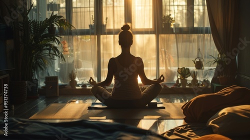 A person starting their morning with a calming yoga session, preparing for the day ahead. photo