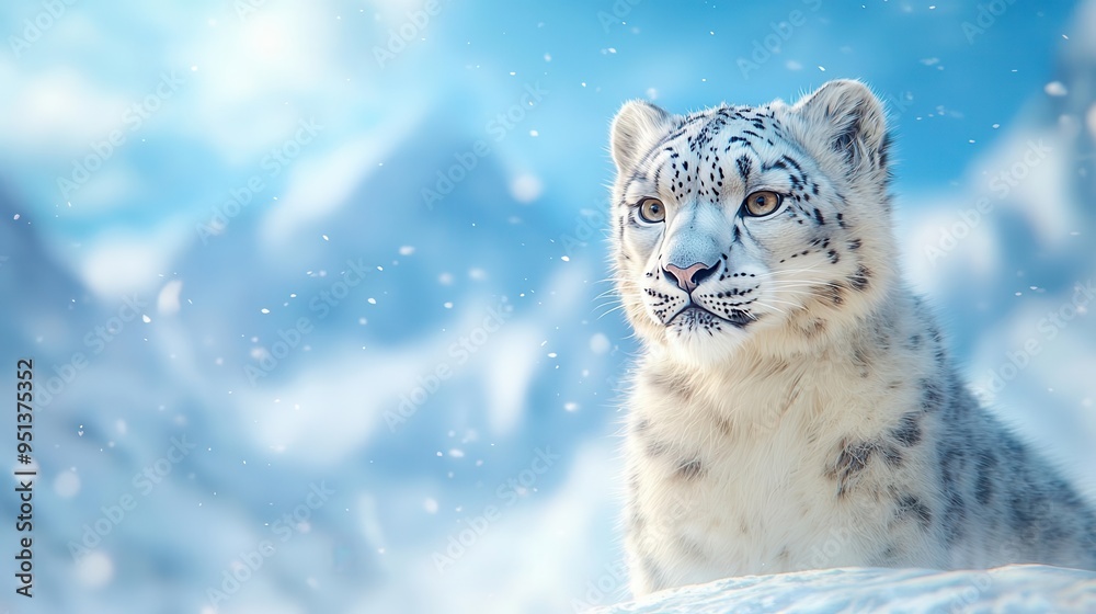 Endangered snow leopard in remote mountain habitat in a dramatic, closeup shot with intense eye contact and snowy backdrop Endangered snow leopard in remote mountain habitat in a dramatic, closeup shot with intense eye contact and snowy backdrop