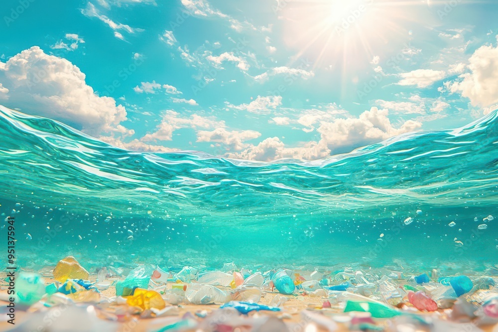 Ocean cleanup system collecting plastic waste captured in action with a ...