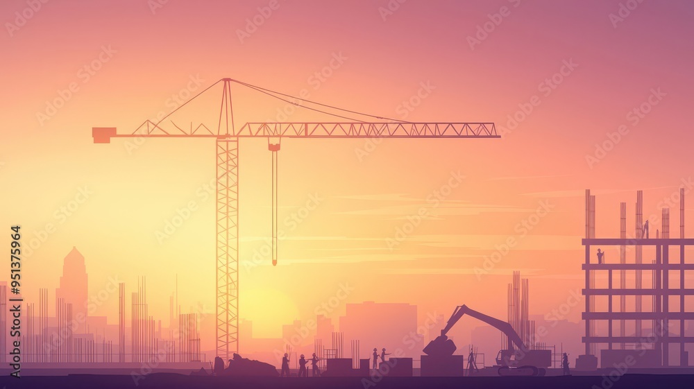 Fototapeta premium Construction site at dawn with workers preparing materials, flat vector style, soft industrial tones