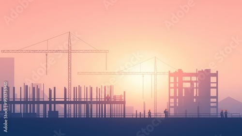 Construction site at dawn with workers preparing materials, flat vector style, soft industrial tones