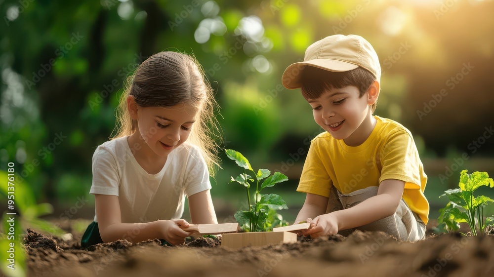 Children learning to garden with wooden tools, educational gardening, teaching sustainability to the next generation Children learning to garden with wooden tools, educational gardening, teaching sustainability to the next generation