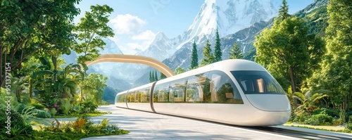 Sustainable transportation, maglev train in nature  with a sleek, modern design and vibrant natural surroundings photo