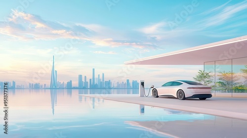 Zeroemission hydrogen fuel cell vehicle refueling  with a sleek, modern design set against a clean, futuristic backdrop photo