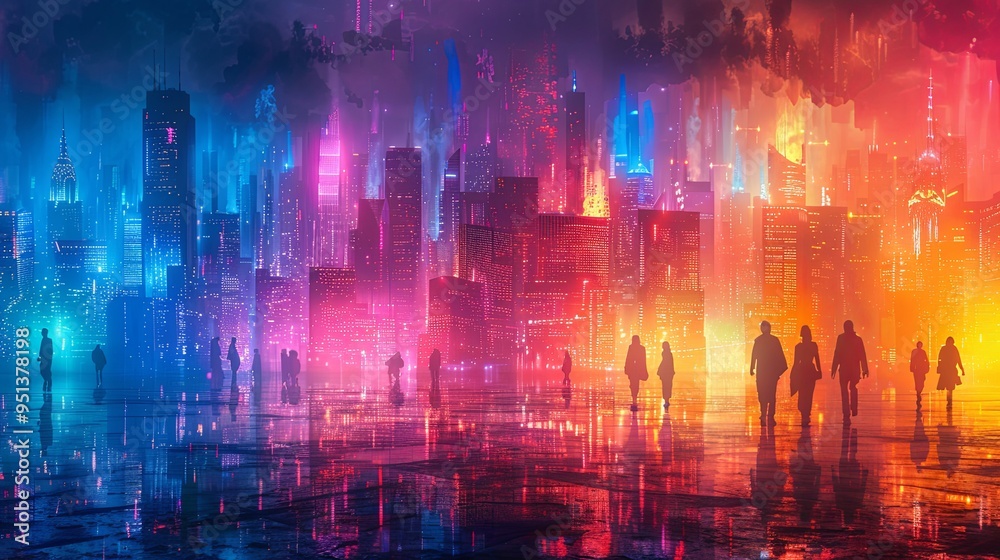 custom made wallpaper toronto digital Silhouettes of people in futuristic cityscape digital urban environment vibrant colors skyscrapers neon lights modern city background