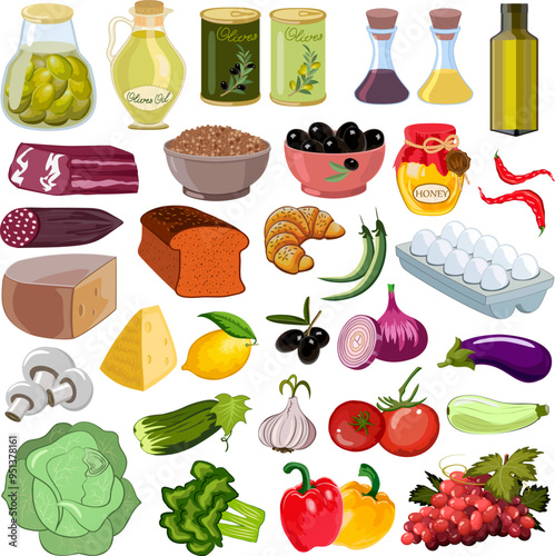 Food products in the collection.Vector color illustration with a large set of food products.