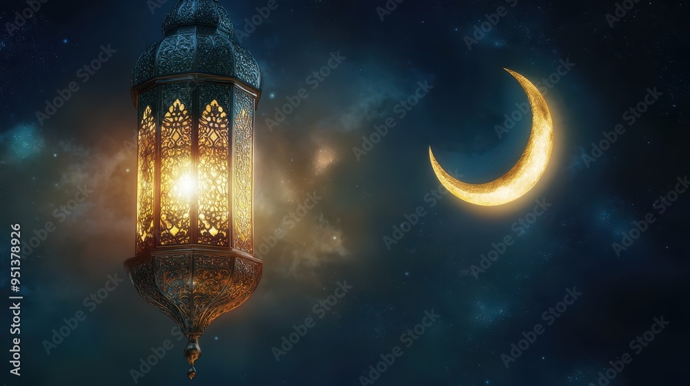 Ramadan Kareem background with arabic lantern and crescent moon
Ramadan Kareem background with arabic lantern and crescent moon