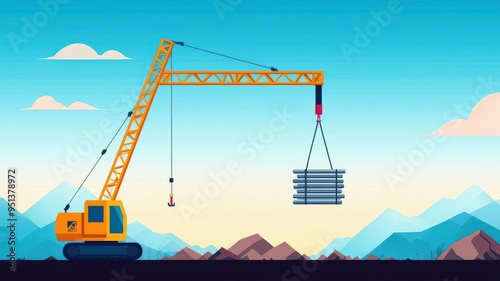 Crane hoisting steel rods on a construction site, flat vector style, rugged industrial palette photo