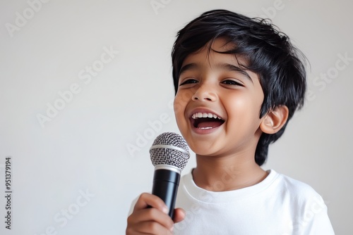 an Indian or Middle Eastern boy singing with a microphone ,white background