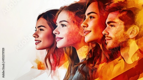 A dynamic portrait-style illustration featuring a group of young people, rendered in a hyper-realistic double-exposure technique with an abstract blend of watercolor and oil painting. The golden-red c