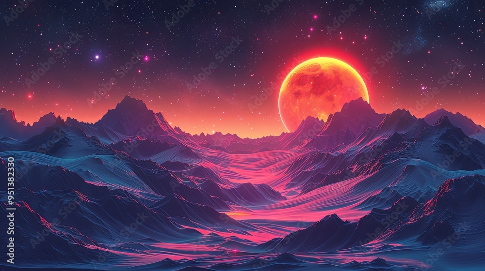 Fototapeta premium Stars and exoplanet in outer space. Futuristic landscape, with noise texture . Night landscape with starry sky .Vector illustration