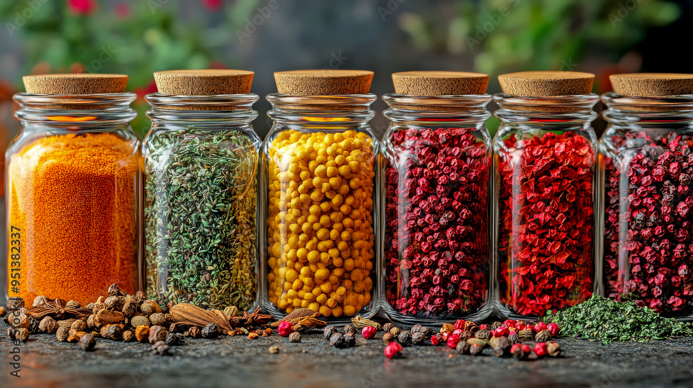 Aromatic spices are neatly stored in glass jars, showcasing their vibrant colors and textures Aromatic spices are neatly stored in glass jars, showcasing their vibrant colors and textures