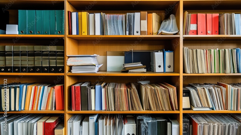 Office shelving unit with neatly arranged binders and supplies, epitomizing efficient organization and workspace order. Office shelving unit with neatly arranged binders and supplies, epitomizing efficient organization and workspace order.
