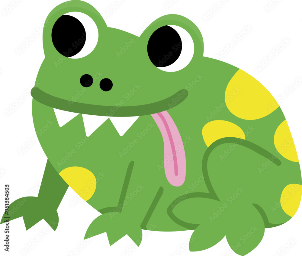 Fototapeta premium Vector cartoon frog with stuck out tongue. Funny woodland swamp animal. Cute forest illustration for kids isolated on white background. Green sitting toad icon