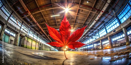 Glinting red petals unfurl from a rusty spout, defiant bloom amidst machinery's din and dust, spotlight on stubborn life in forgotten spaces. photo