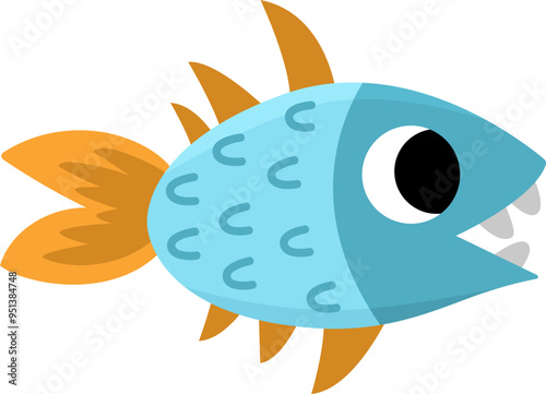 Vector cartoon prehistoric fish icon with teeth. Cute dinosaur illustration for kids. Funny ancient marine animal clipart for children isolated on white background