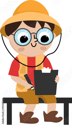 Vector paleontologist icon. Cartoon archeologist boy clipart in hat sitting and making notes on notepad. Historical dinosaur dig or excavations scientist or explorer illustration. Tourist picture