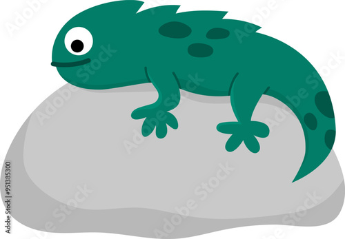 Cute lizard lying on the rock. Funny animal illustration isolated on white background. Green reptile icon. Exotic tropical chameleon clipart for kids