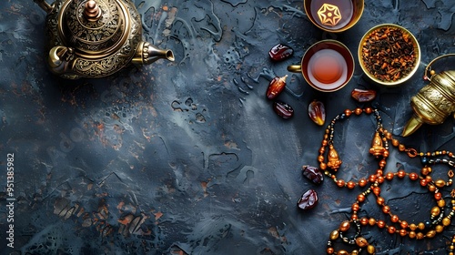 Table top view image of decoration Ramadan Kareem, dates fruit, aladdin lamp, tea and rosary beads on dark stone background. Flat lay with copy space.