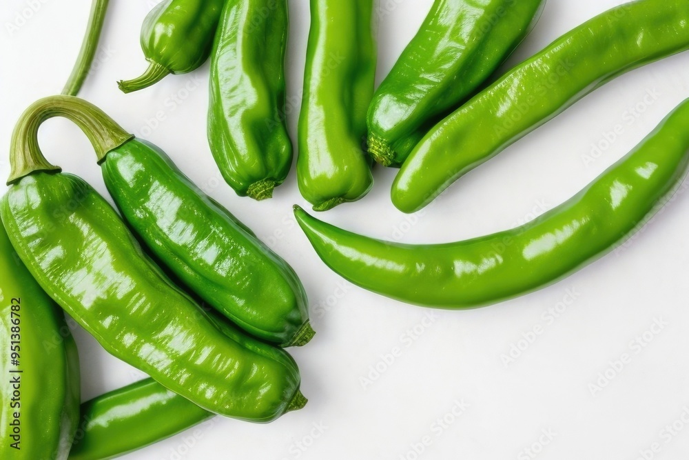Flat lay green chili peppers over a white background Flat lay green chili peppers over a white background