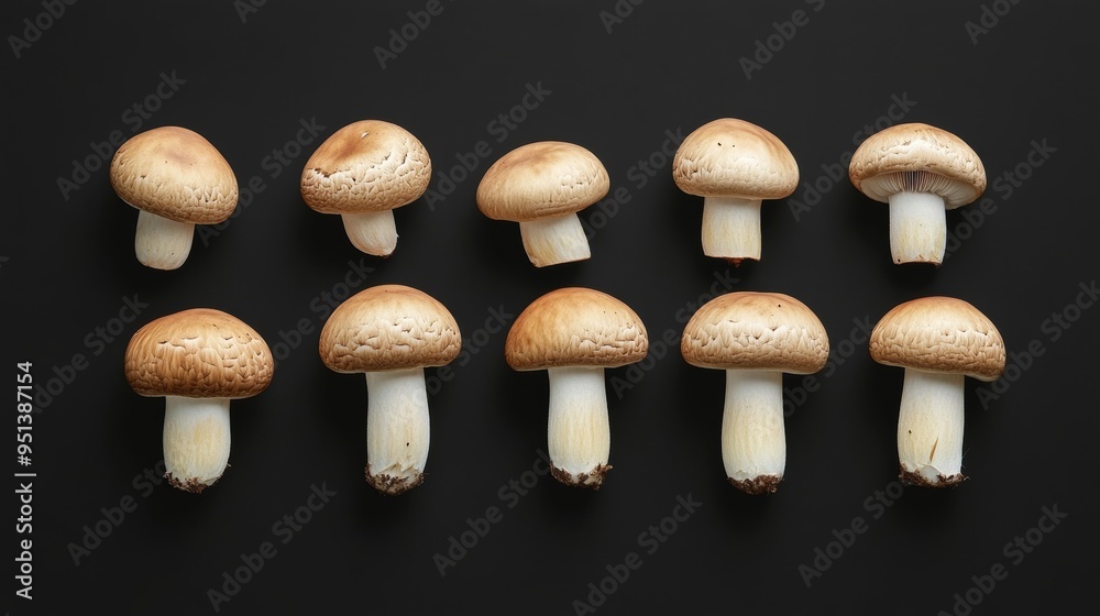 Mushroom variety on black background, top view Mushroom variety on black background, top view