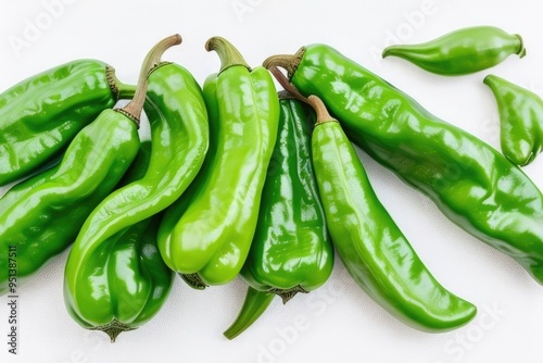 Flat lay green chili peppers over a white background