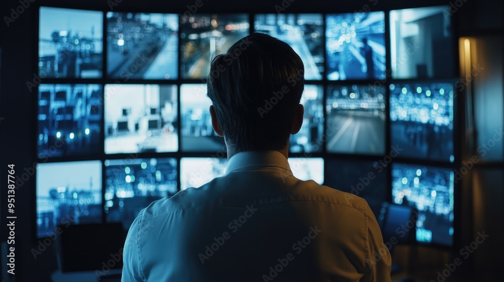 Real-time security monitoring at a central control panel, with a security guard overseeing the footage for safety. Real-time security monitoring at a central control panel, with a security guard overseeing the footage for safety.