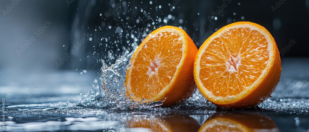 fresh orange halves with water splashes isolated on dark background fresh orange halves with water splashes isolated on dark background