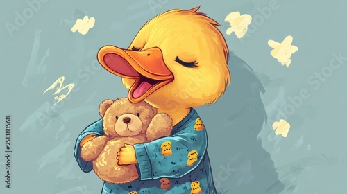 A cute cartoon duck in pajamas, holding a teddy bear and yawning, ready for a cozy night sleep photo