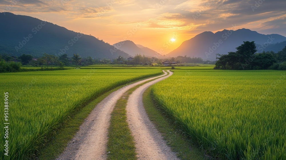 Fototapeta premium Sunset and dirt road in Vietnam.