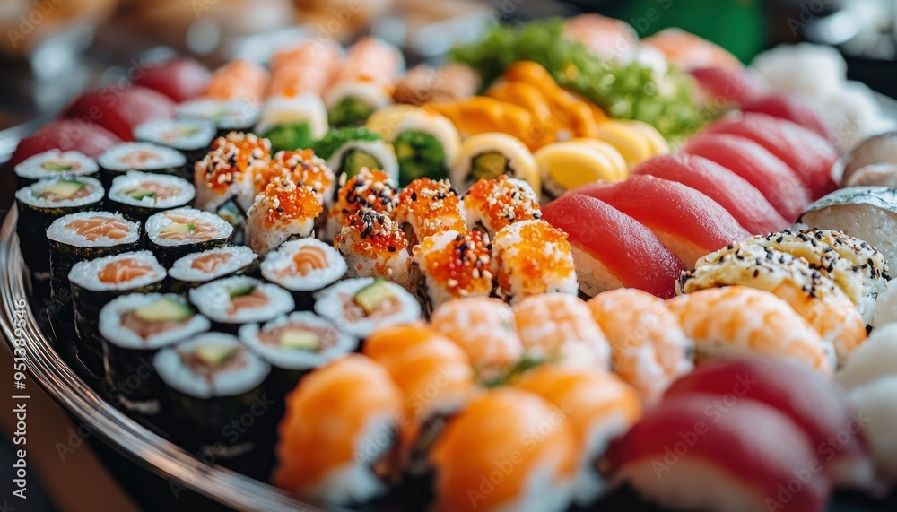 An Assortment of Sushi Rolls on a Silver Platter An Assortment of Sushi Rolls on a Silver Platter