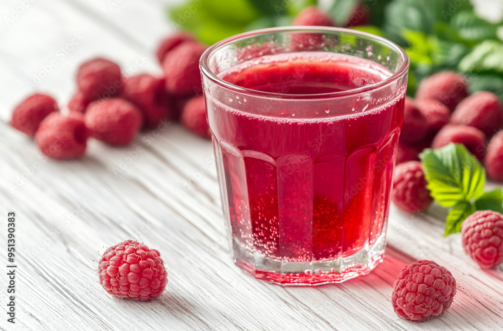 A glass of raspberry juice on a white wooden table with fresh raspberries in the background