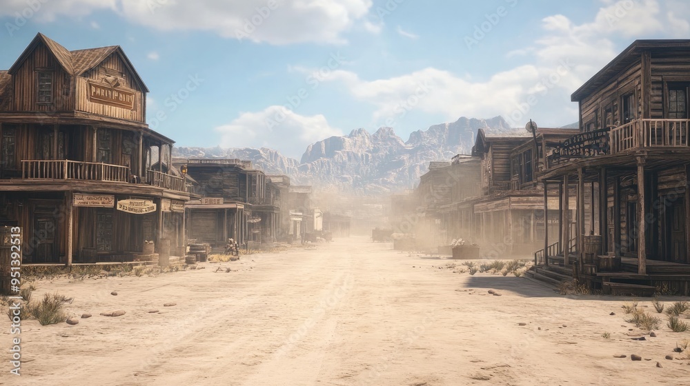 Fototapeta premium A deserted ghost town with dust blowing through the empty streets and old wooden buildings
