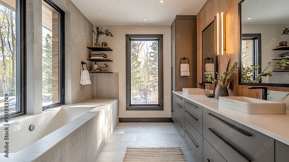 A contemporary bathroom with a freestanding tub and double vanity blends elegance with practicality. A contemporary bathroom with a freestanding tub and double vanity blends elegance with practicality.